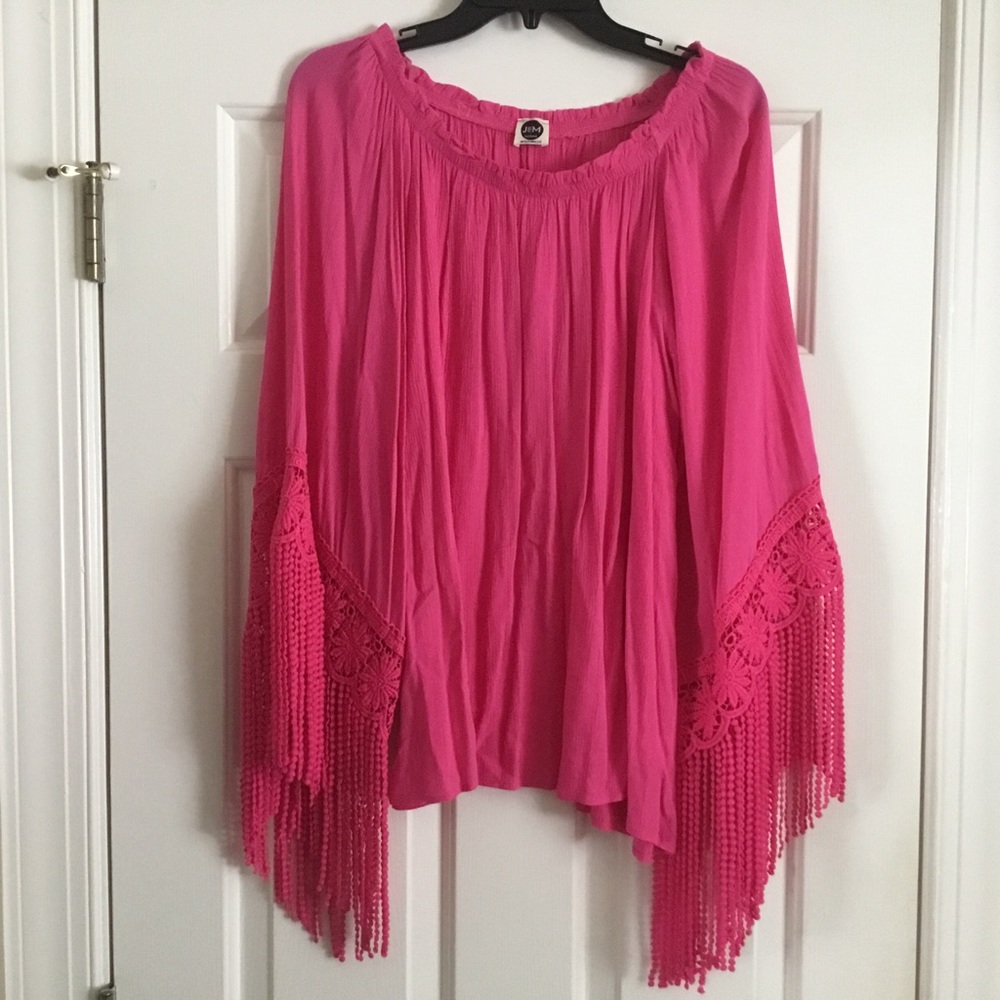 BARBIECORE pink Fringe wide sleeve off shoulder top S M L